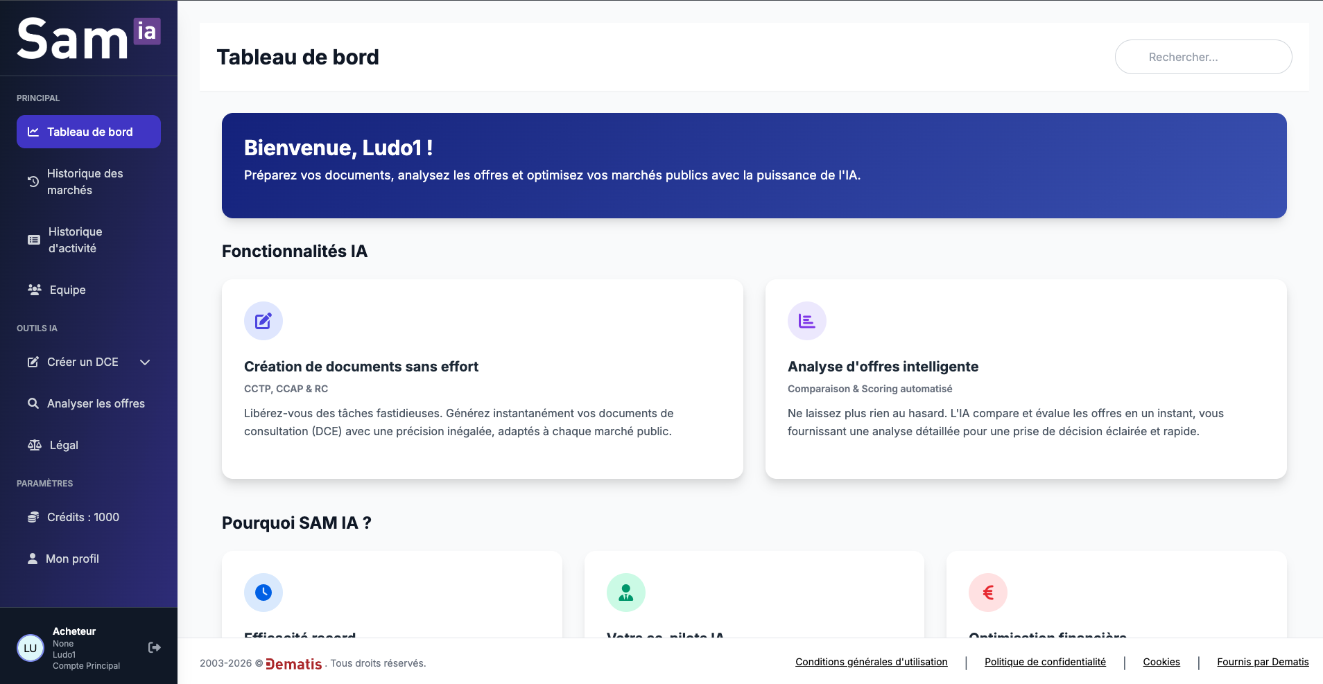 Tableau de bord Sam IA